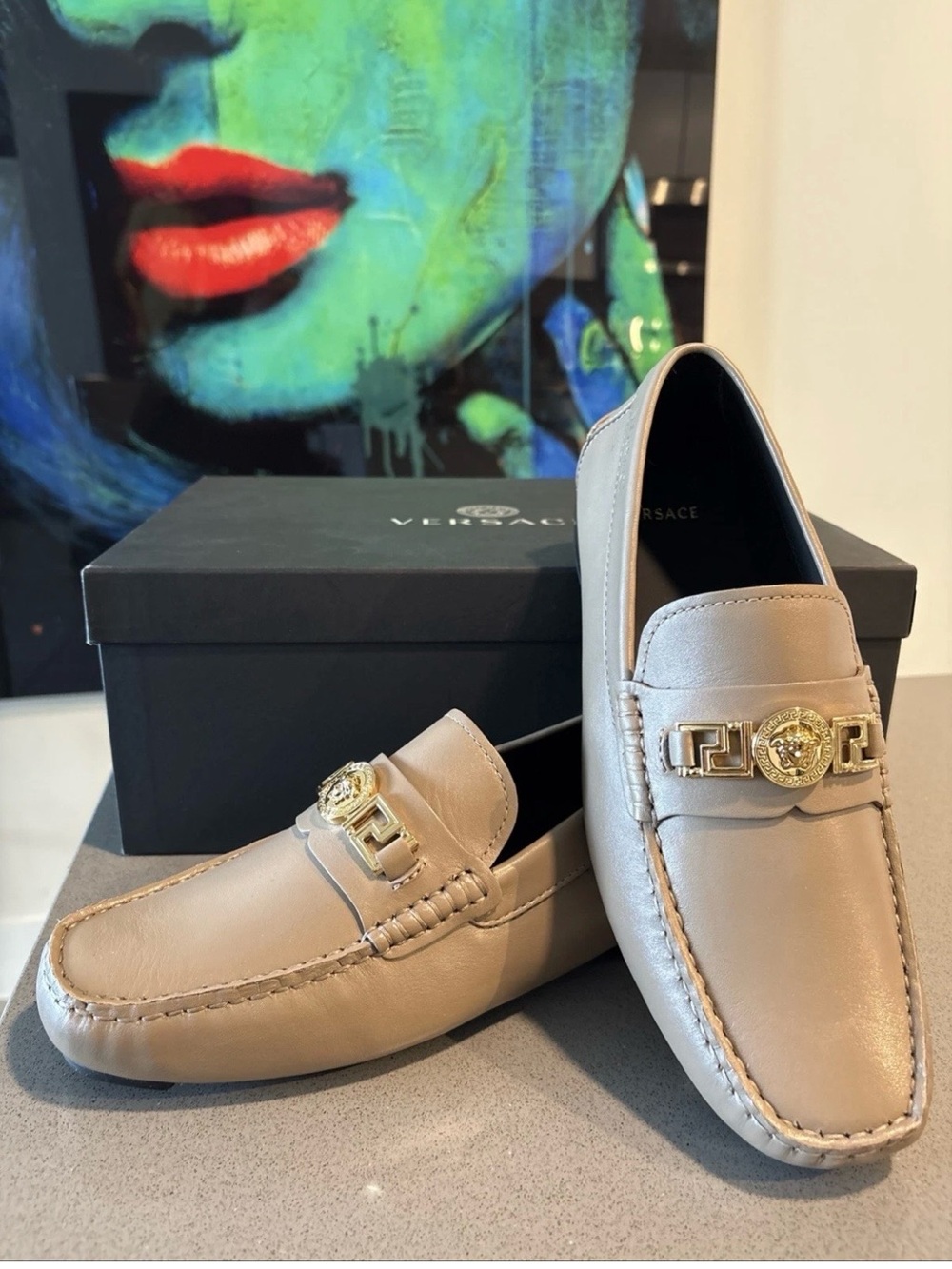 Versace Taupe Leather Medusa-Bit Slip-On Loafers size 44 IT 11US